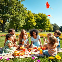 A warm and joyful family gathering in a beautiful park setting during a sunny day
