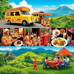 A vibrant collage showcasing unique Filipino cultural traits, featuring traditional Woven Barong Tagalog clothing, colorful Jeepneys adorned with intricate designs, a festive street scene during the Sinulog Festival with dancers in bright costumes, local cuisine items like Adobo and Halo-Halo beautifully plated, scenic landscapes such as the stunning rice terraces, and the warm hospitality of Filipino people gathered around a table