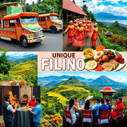 A vibrant collage showcasing unique Filipino cultural traits, featuring traditional Woven Barong Tagalog clothing, colorful Jeepneys adorned with intricate designs, a festive street scene during the Sinulog Festival with dancers in bright costumes, local cuisine items like Adobo and Halo-Halo beautifully plated, scenic landscapes such as the stunning rice terraces, and the warm hospitality of Filipino people gathered around a table