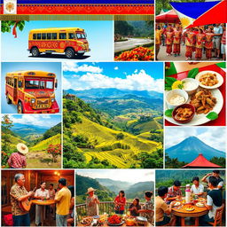 A vibrant collage showcasing unique Filipino cultural traits, featuring traditional Woven Barong Tagalog clothing, colorful Jeepneys adorned with intricate designs, a festive street scene during the Sinulog Festival with dancers in bright costumes, local cuisine items like Adobo and Halo-Halo beautifully plated, scenic landscapes such as the stunning rice terraces, and the warm hospitality of Filipino people gathered around a table