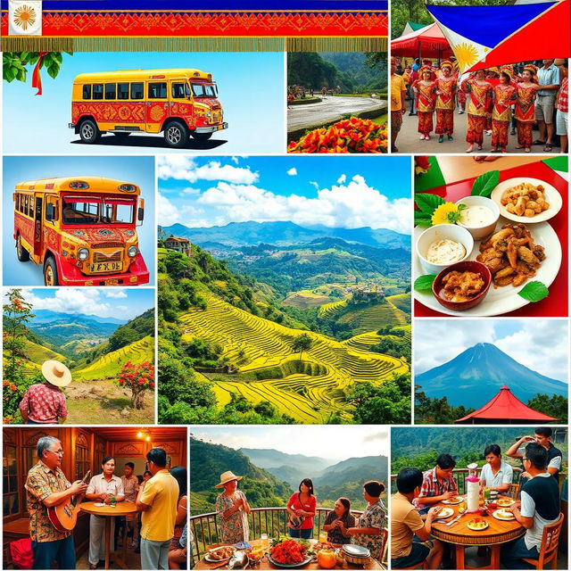 A vibrant collage showcasing unique Filipino cultural traits, featuring traditional Woven Barong Tagalog clothing, colorful Jeepneys adorned with intricate designs, a festive street scene during the Sinulog Festival with dancers in bright costumes, local cuisine items like Adobo and Halo-Halo beautifully plated, scenic landscapes such as the stunning rice terraces, and the warm hospitality of Filipino people gathered around a table