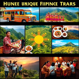 A vibrant collage showcasing unique Filipino cultural traits, featuring traditional Woven Barong Tagalog clothing, colorful Jeepneys adorned with intricate designs, a festive street scene during the Sinulog Festival with dancers in bright costumes, local cuisine items like Adobo and Halo-Halo beautifully plated, scenic landscapes such as the stunning rice terraces, and the warm hospitality of Filipino people gathered around a table