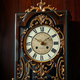 An intricately designed antique clock, featuring elaborate gold leaf embellishments and Roman numerals, set against a beautifully dark wooden background