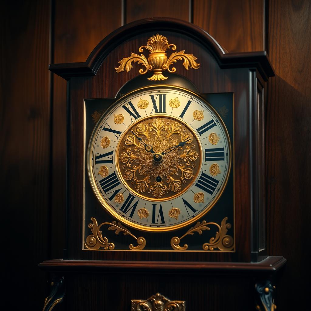 An intricately designed antique clock, featuring elaborate gold leaf embellishments and Roman numerals, set against a beautifully dark wooden background