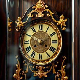 An intricately designed antique clock, featuring elaborate gold leaf embellishments and Roman numerals, set against a beautifully dark wooden background