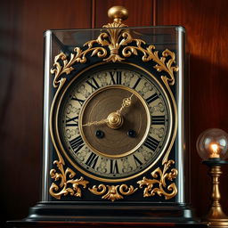 An intricately designed antique clock, featuring elaborate gold leaf embellishments and Roman numerals, set against a beautifully dark wooden background