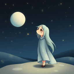 A whimsical scene depicting a sad, melancholic character who appears to have lost their moon