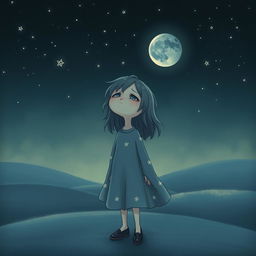 A whimsical scene depicting a sad, melancholic character who appears to have lost their moon