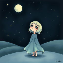 A whimsical scene depicting a sad, melancholic character who appears to have lost their moon