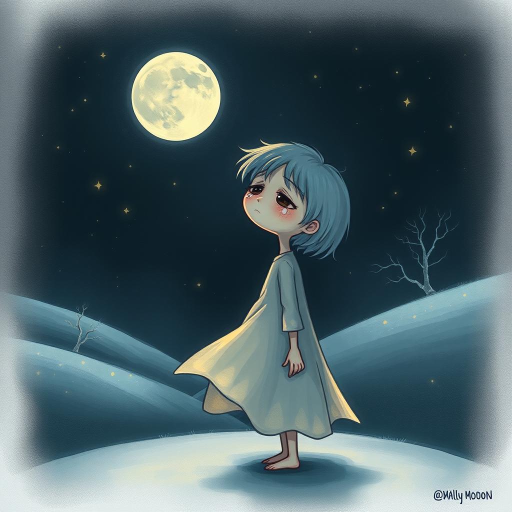 A whimsical scene depicting a sad, melancholic character who appears to have lost their moon