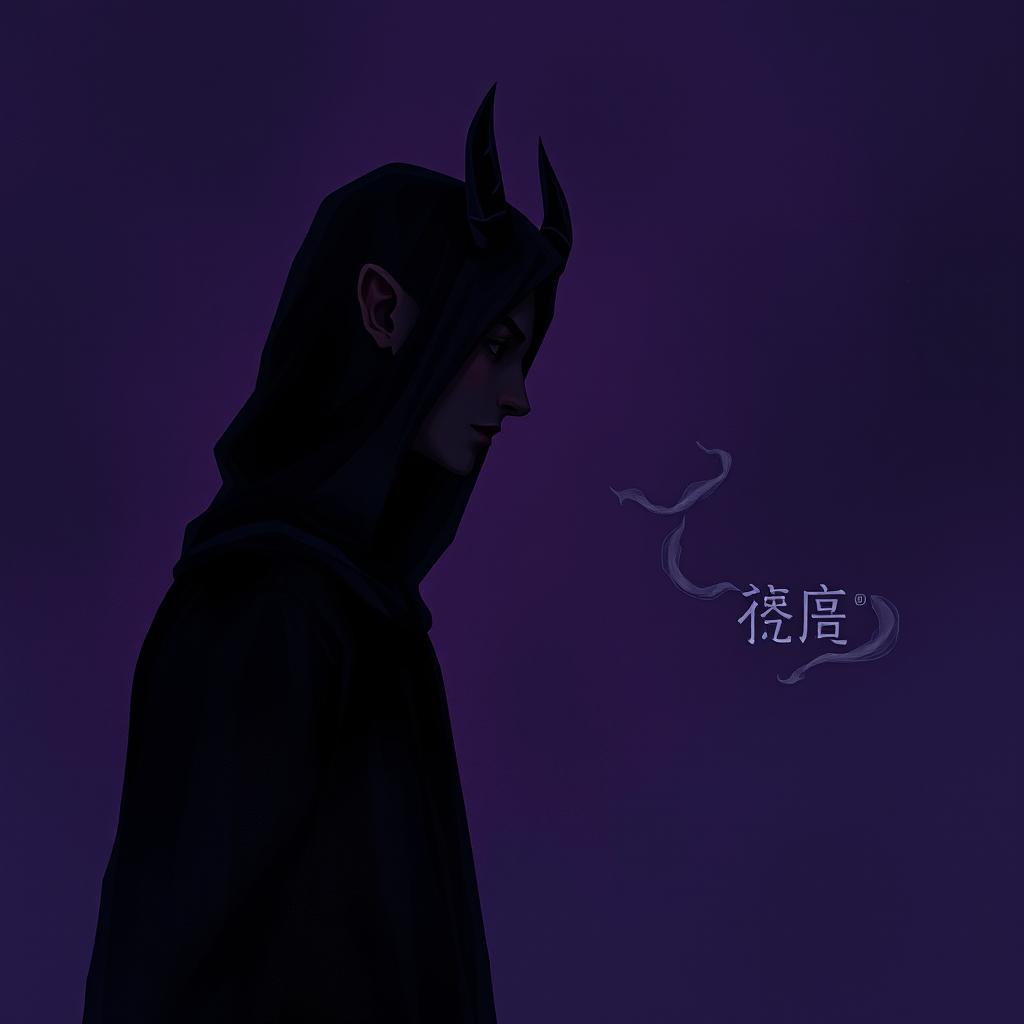 A dark and atmospheric illustration depicting the concept of temptation and whispering, symbolized by the figure of a shadowy, enigmatic entity representing "الشيطان" (the devil) whispering into the ear of a thoughtful, contemplative human figure