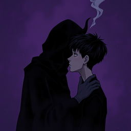 A dark and atmospheric illustration depicting the concept of temptation and whispering, symbolized by the figure of a shadowy, enigmatic entity representing "الشيطان" (the devil) whispering into the ear of a thoughtful, contemplative human figure