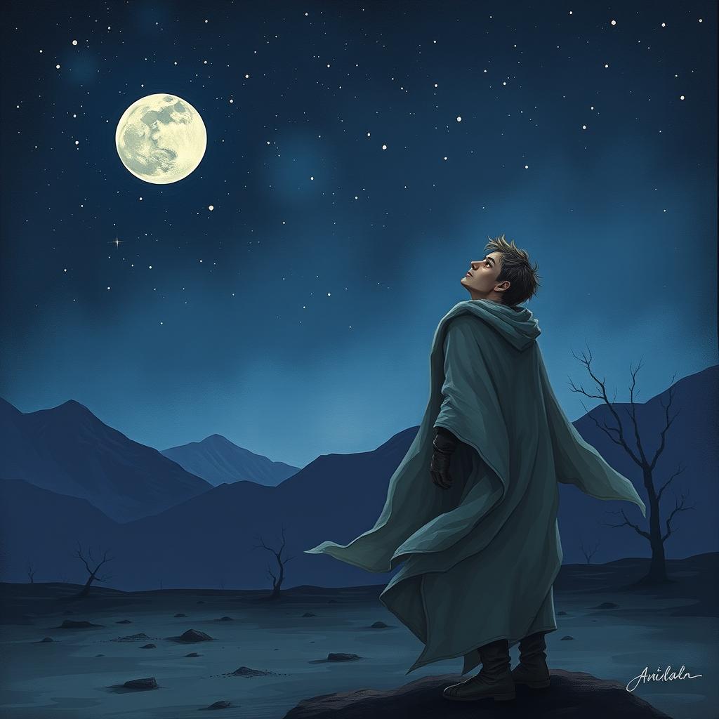 A melancholic scene depicting a man standing on a desolate landscape, staring up at a dark, starry sky