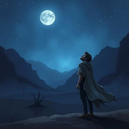 A melancholic scene depicting a man standing on a desolate landscape, staring up at a dark, starry sky