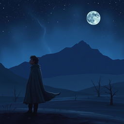 A melancholic scene depicting a man standing on a desolate landscape, staring up at a dark, starry sky