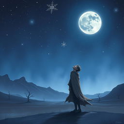 A melancholic scene depicting a man standing on a desolate landscape, staring up at a dark, starry sky