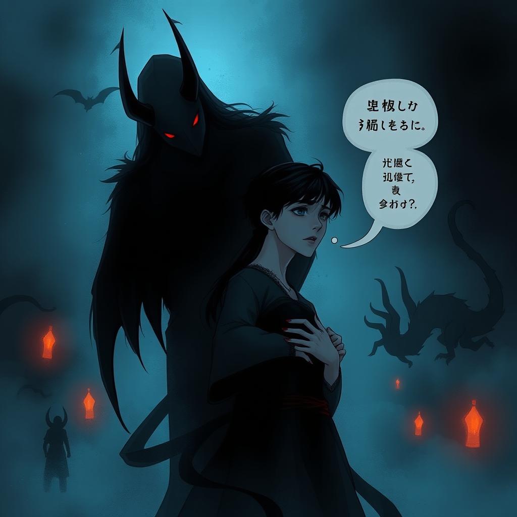 A dramatic and ethereal illustration of a figure representing the concept of "شيطان رجيم" (the accursed devil) whispering seductive thoughts to a human