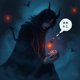 A dramatic and ethereal illustration of a figure representing the concept of "شيطان رجيم" (the accursed devil) whispering seductive thoughts to a human