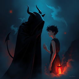 A dramatic and ethereal illustration of a figure representing the concept of "شيطان رجيم" (the accursed devil) whispering seductive thoughts to a human