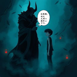 A dramatic and ethereal illustration of a figure representing the concept of "شيطان رجيم" (the accursed devil) whispering seductive thoughts to a human