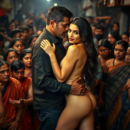 A full-length intimate couple photoshoot featuring a 23-year-old alluring Arab woman with an attractive figure, showing her confident pose