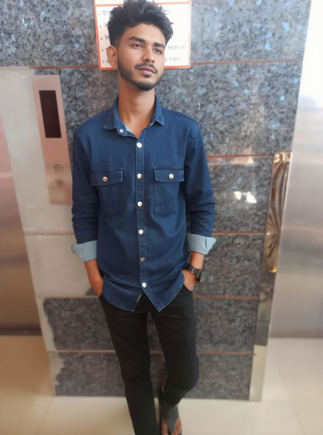 A young man with a stylish appearance standing casually against a textured wall