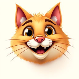 A cartoonish cat face featuring large, expressive eyes, a small nose, and a wide, playful grin