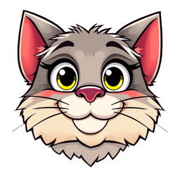 A cartoonish cat face featuring large, expressive eyes, a small nose, and a wide, playful grin
