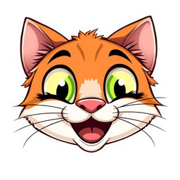 A cartoonish cat face featuring large, expressive eyes, a small nose, and a wide, playful grin