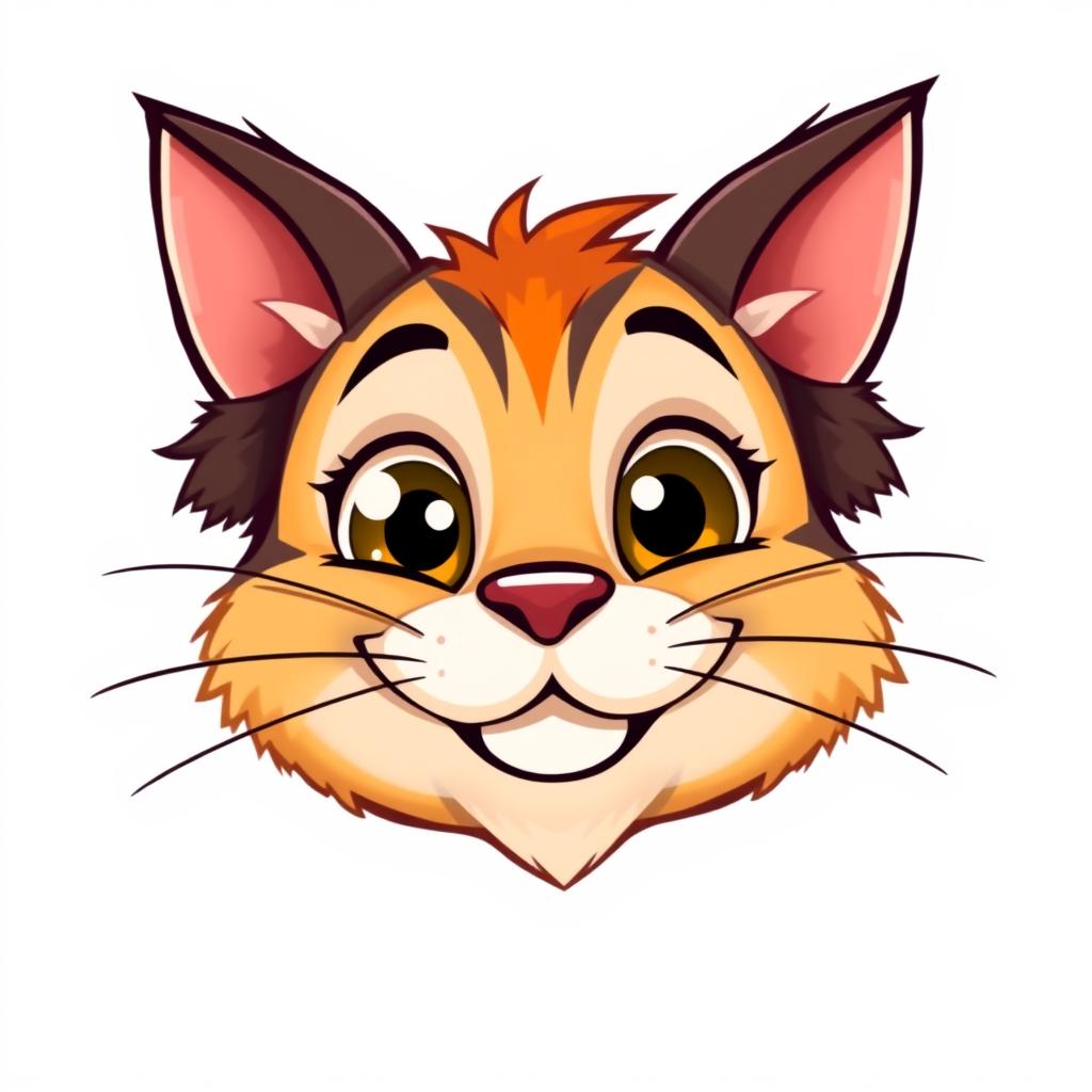 A cartoonish cat face featuring large, expressive eyes, a small nose, and a wide, playful grin