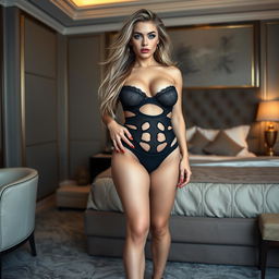 A full-length, head-to-toe photograph of a beautiful young woman with a voluptuous physique, showcasing very thick, long, messy dirty blond hair flowing around her shoulders