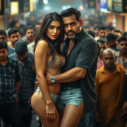 A full-length intimate couple photoshoot capturing a stunning 23-year-old Arab woman, characterized by her alluring beauty and confident presence