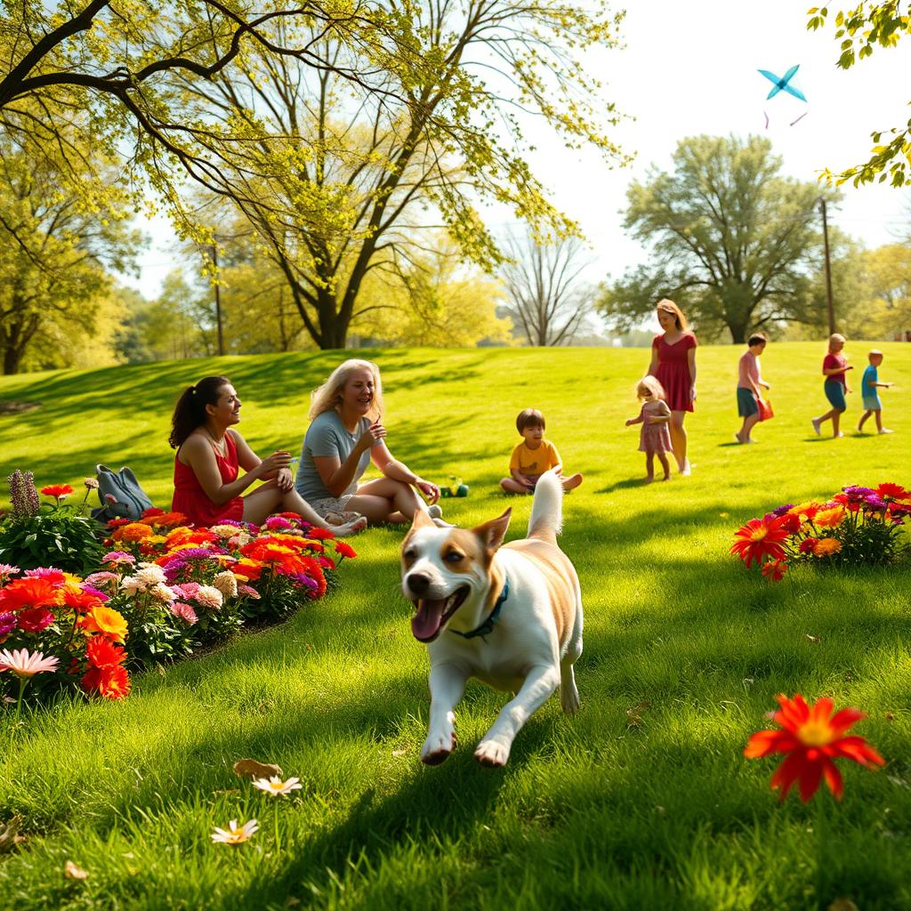 A vibrant and cheerful scene of a sunny park filled with colorful flowers and lush green grass, people of diverse backgrounds laughing and enjoying a picnic together