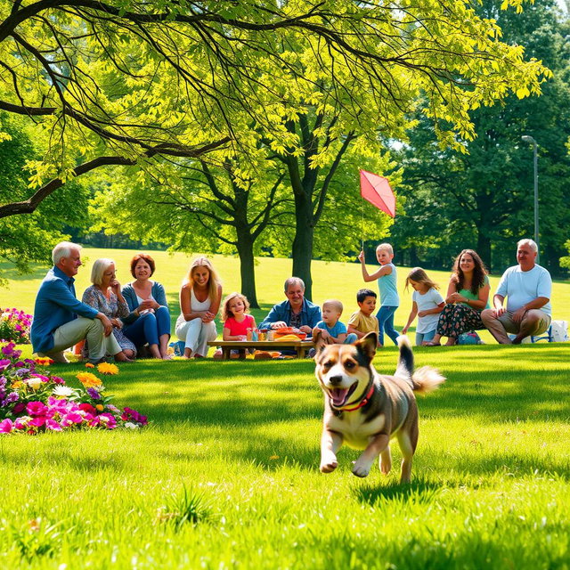 A vibrant and cheerful scene of a sunny park filled with colorful flowers and lush green grass, people of diverse backgrounds laughing and enjoying a picnic together