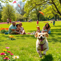 A vibrant and cheerful scene of a sunny park filled with colorful flowers and lush green grass, people of diverse backgrounds laughing and enjoying a picnic together