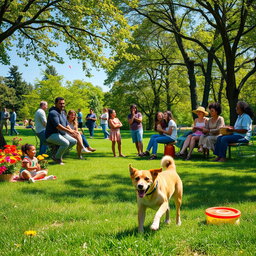 A vibrant and cheerful scene of a sunny park filled with colorful flowers and lush green grass, people of diverse backgrounds laughing and enjoying a picnic together