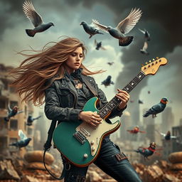 A surreal and imaginative scene featuring a female guitarist passionately playing her electric guitar in a war-torn cityscape