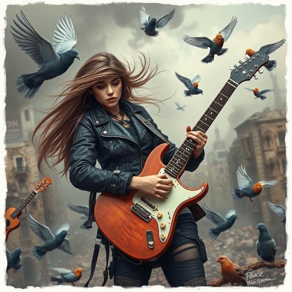 A surreal and imaginative scene featuring a female guitarist passionately playing her electric guitar in a war-torn cityscape