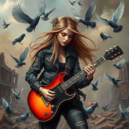 A surreal and imaginative scene featuring a female guitarist passionately playing her electric guitar in a war-torn cityscape