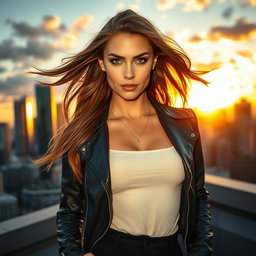 A stunning portrait of a confident woman standing on a city rooftop during sunset, with warm golden light illuminating her face