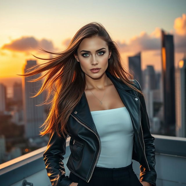 A stunning portrait of a confident woman standing on a city rooftop during sunset, with warm golden light illuminating her face