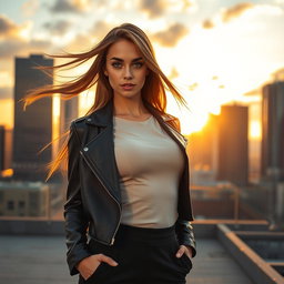 A stunning portrait of a confident woman standing on a city rooftop during sunset, with warm golden light illuminating her face