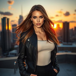 A stunning portrait of a confident woman standing on a city rooftop during sunset, with warm golden light illuminating her face