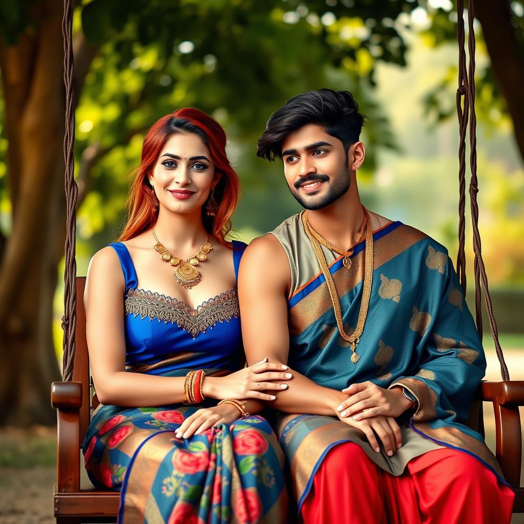 A beautiful romantic couple sitting on a swing, with the wife having striking red hair and blue eyes, dressed in a stylish sleeveless blue blouse paired with a vibrant saree, adorned with elegant gold jewelry