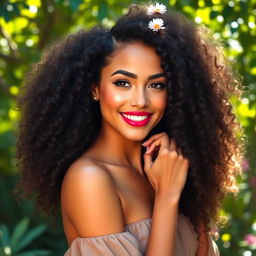 A beautiful woman with voluminous curly hair, exuding confidence and charm