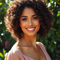 A beautiful woman with voluminous curly hair, exuding confidence and charm