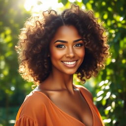 A beautiful woman with voluminous curly hair, exuding confidence and charm