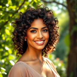 A beautiful woman with voluminous curly hair, exuding confidence and charm