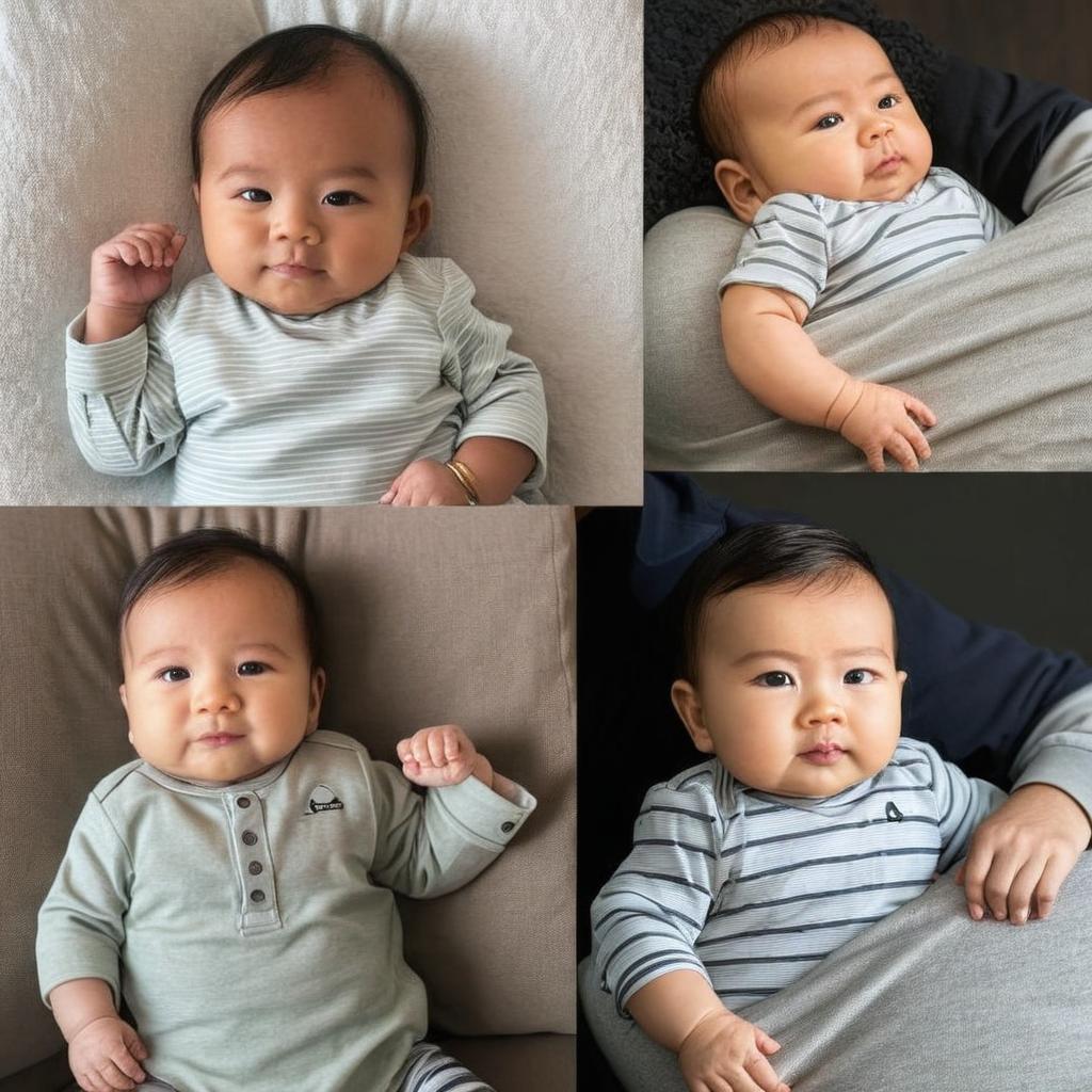 Add the baby on the second photo onto the arms of the guy on the left on the fir