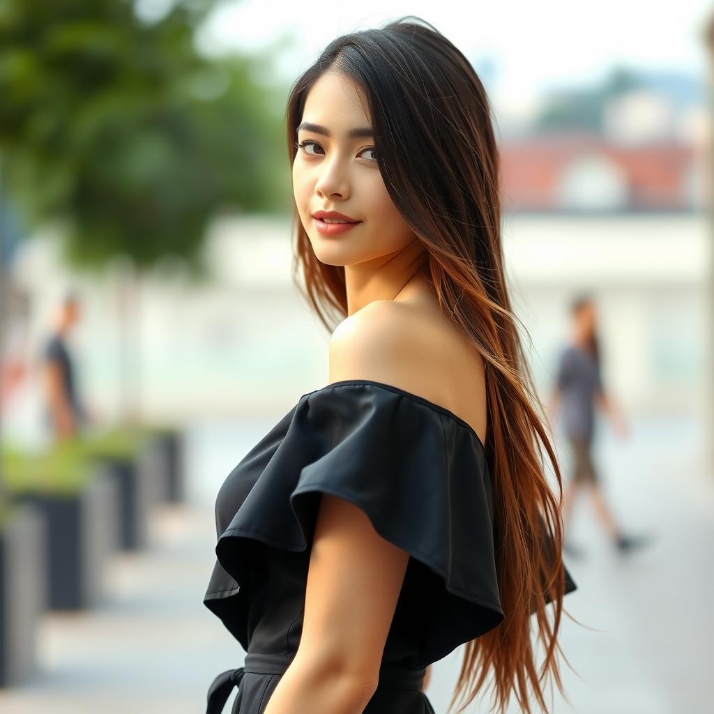 A beautiful young woman wearing a stylish outfit featuring a short black sleeve draped elegantly over one shoulder, creating a modern and chic appearance